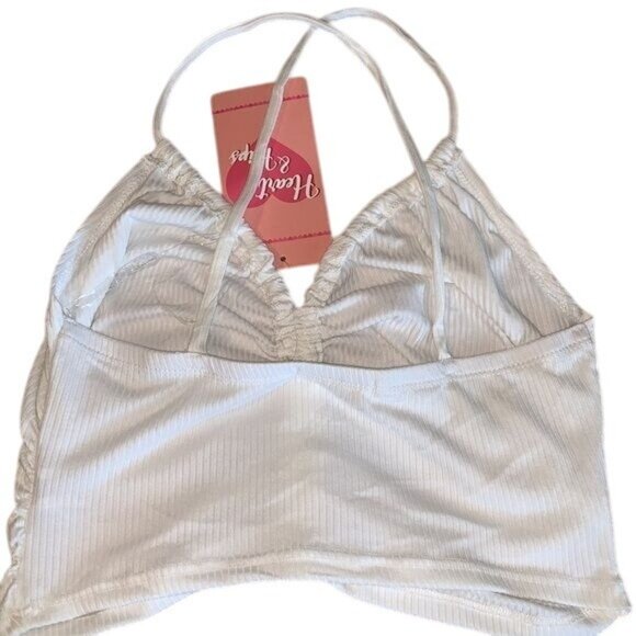 Heart & Hips White Ribbed Ruched Halter Crop Top L 86% Polyester 4% Spandex - Picture 4 of 7